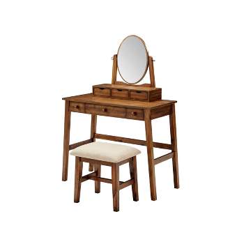 Lorna Traditional Wood 6 Drawer 2 Tier Adjustable Mirror Vanity and Upholstered Stool Walnut - Linon