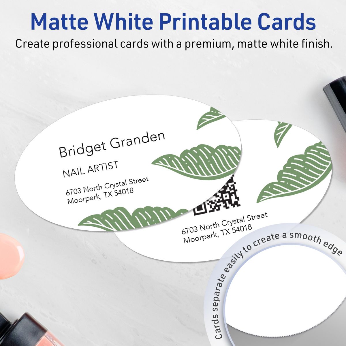 Avery Printable Oval Business Cards, Sure Feed Technology, 2" x 3-1/2", Matte White Cardstock, Print-to-The-Edge, Laser/Inkjet Printable, 80 Total - thumbnail 3