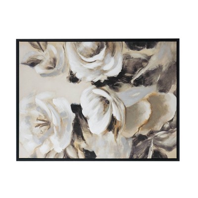 A&B Home 35.5"x47" Jardin De Fleurs Hand Painted Framed Wall Art Canvas Cream/Gray/Black: Botanical Art Deco Style