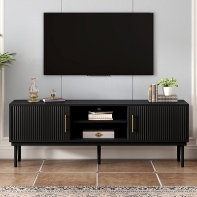 74.90" TV Stand with Vertical Striped Doors, Sideboard Cabinet with Solid Wood Legs, Sliding Door Design, and Versatile Functionality