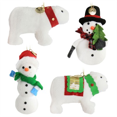 Gibson Holiday Plush Polar Bear and Snowman 4 Piece Ornament Set in White