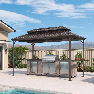 PURPLE LEAF Patio Hardtop Brown Grill Gazebo Metal Roof with 2 Side Shelves Deck Yard Tent Aluminum Garden Outside Sun Shade Outdoor BBQ Canopy