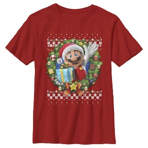 Boy's Nintendo Ugly Christmas Mario Wreath T-Shirt - 1 of 3