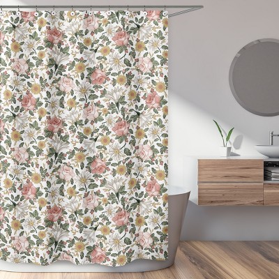Vintage Floral Pink Green Yellow Fabric Shower Curtain