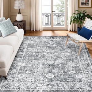 Vintage Rugs,Indoor Vintage Living Room Carpet Kitchen Washable Distressed Rug Gray Floral Bedroom - 1 of 4