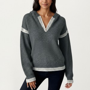Anna-Kaci Women's Contrast Trim Knit Hoodie with V-Neckline and Long Sleeves - 1 of 4