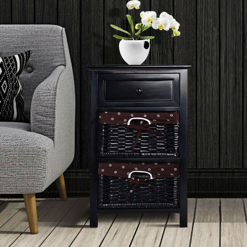 Costway Black Night Stand 3 Tiers 1 Drawer Bedside End Table Organizer Wood W/2 Baskets, 3 of 11