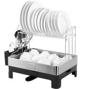 happimess Simple 20.75" Fingerprint-Proof Stainless Steel 2-Tier Dish Drying Rack with Swivel Spout Tray, Stainless Steel/Black - 1 of 4