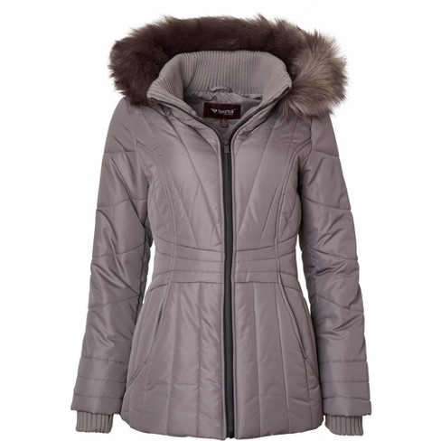 Grey Faux Fur Trim Hooded Puffer Jacket