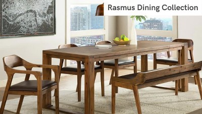 Chestnut Wire-Brush Finish Acacia Wood Dining Set with Faux Leather Benches