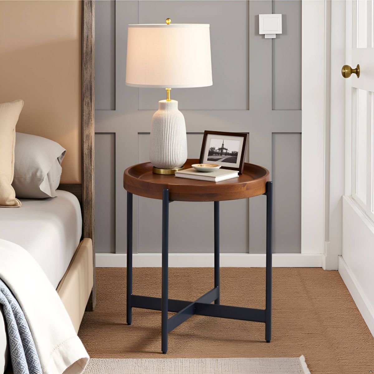 20" Brookline Round End Table Medium Chestnut - Alaterre Furniture: Chic Industrial, Fixed Tray Top - thumbnail 6