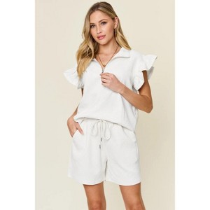 I am a Fashion junky Double Take Full Size Texture Flounce Sleeve Top and Drawstring Shorts Set - 1 of 4