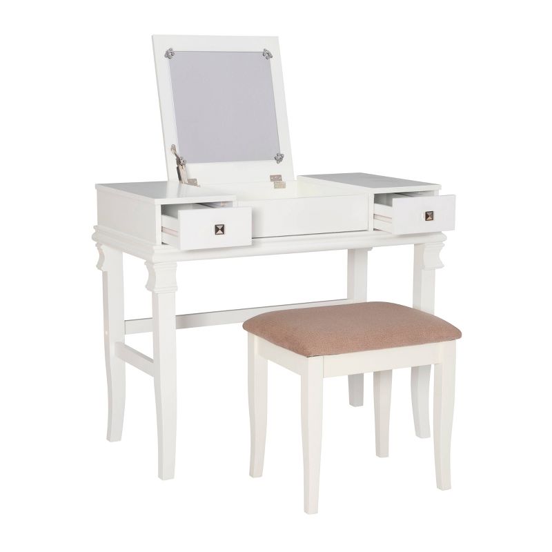 Adler Traditional Wood 2 Drawer Lift Top Mirror Vanity and Upholstered Stool White - Linon, 6 of 19