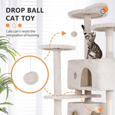 70" Beige Sisal and Faux-Fur Multi-Level Cat Tree Tower