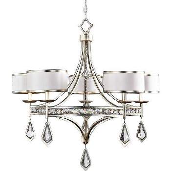 Uttermost Burnished Silver Champagne Pendant Chandelier 34" Wide Crystal Off-White Drum Shade 5-Light for Dining Room House Foyer