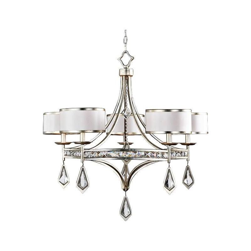 Uttermost Burnished Silver Champagne Pendant Chandelier 34" Wide Crystal Off-White Drum Shade 5-Light for Dining Room House Foyer, 1 of 2