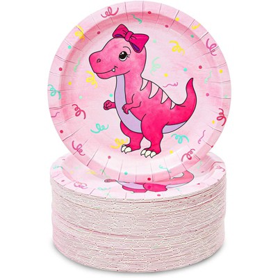 Blue Panda 80 Pack Pink Dinosaur Disposable Paper Plates 7" Kids Birthday Party Supplies