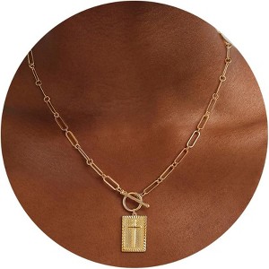 Chunky Cross Pendant Necklace, 14K Gold/Silver Plated Paperclip Chain with Toggle Clasp - 1 of 4