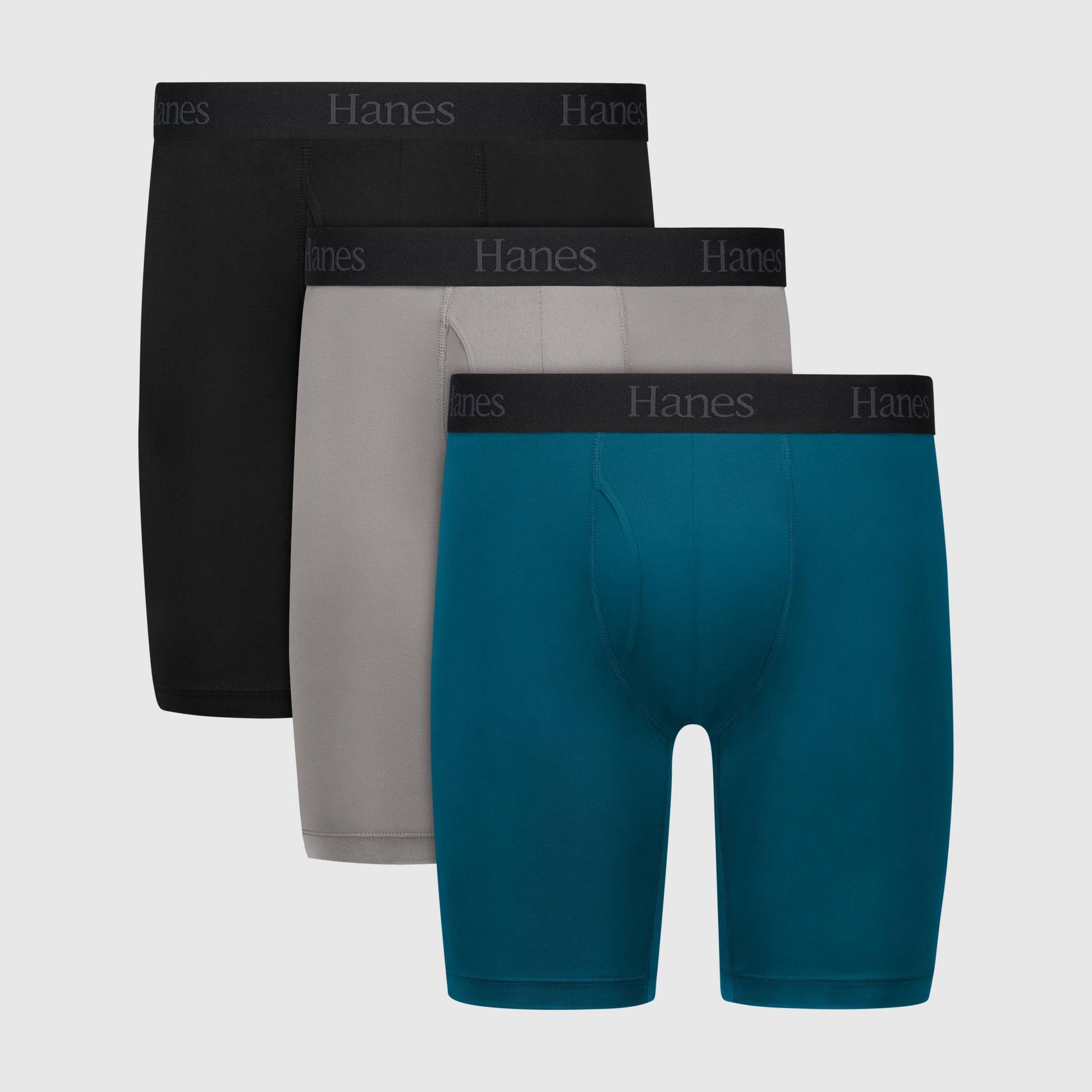 Hanes Originals Premium Men's Super Stretch Long Leg Boxer Briefs 3pk - Teal Blue/Gray/Black M: Tagless, Moisture Wicking, Quick Drying