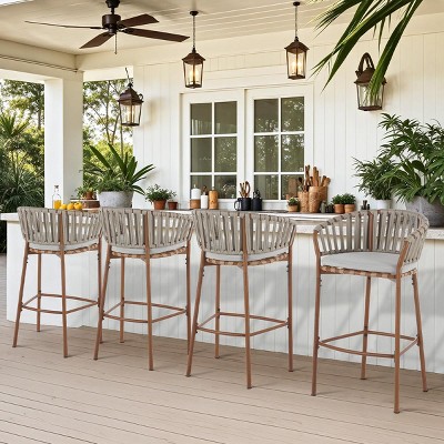 Set of 4 Outdoor Rattan Bar Stools with Cushions,Woven Rope Counter Height Patio Barstools with Iron Frame for Garden or Balcony-Cuddlewood