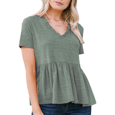EXLURA Women's Summer Short Sleeve Peplum Babydoll Tops Cute V Neck T Shirts