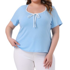 Agnes Orinda Women's Plus Size Square Neck Contrast Trim Tie Knot Short Sleeve Tops - 1 of 4