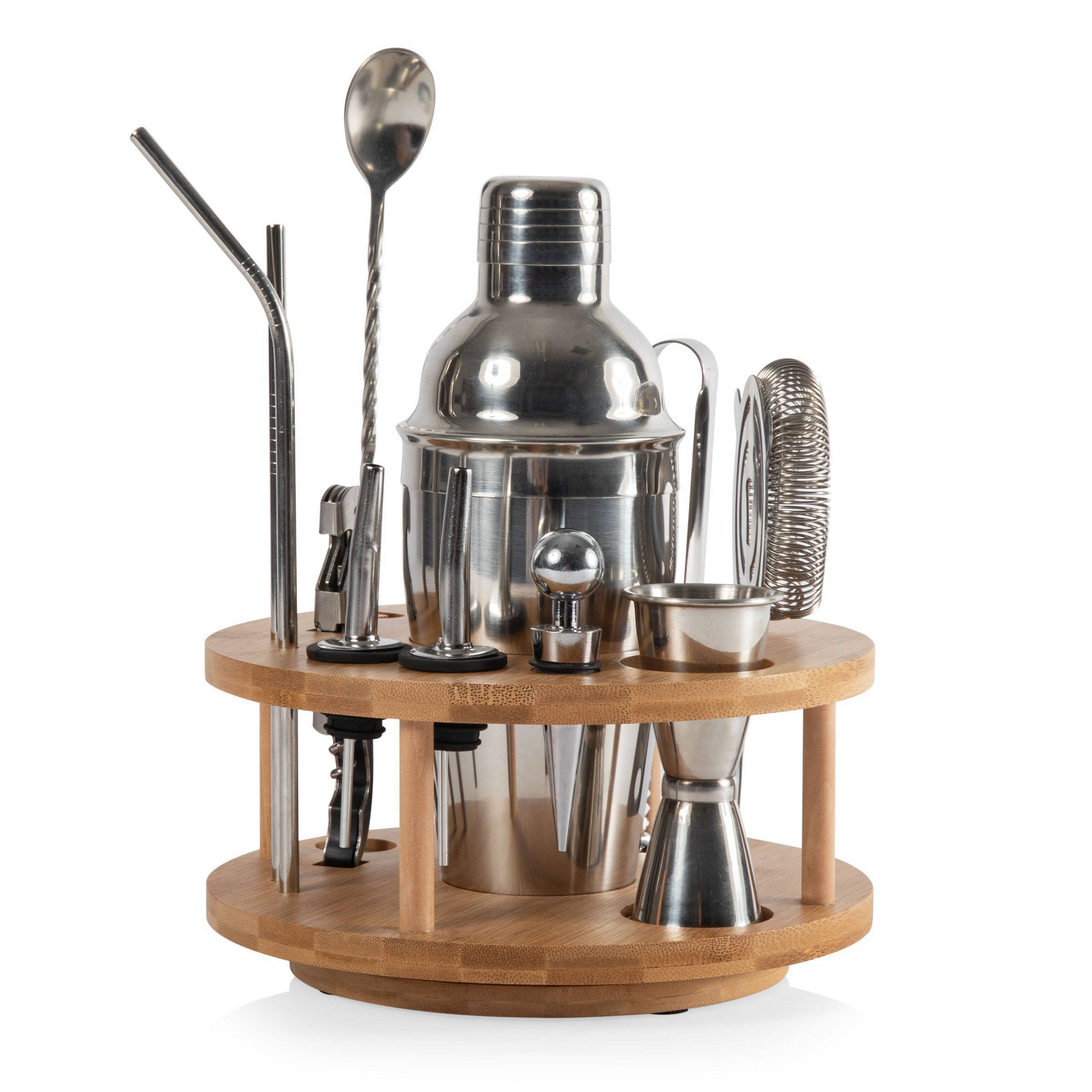 Legacy Bamboo and Stainless Steel Lazy Susan Bar Tool Set Silver Accents