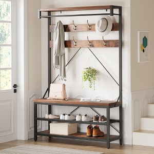 Whizmax Coat Rack Shoe Bench Industrial Hall Tree Storage Bench for Entryway, Wood Large Shoe Rack Bench with Storage Shelf Hanging Bar,8 Hooks - 1 of 4