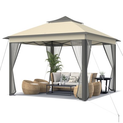 Tangkula 11 x 11 ft Pop up Gazebo 2-Tier Patio Canopy Tent Shelter w/ Carrying Bag Beige/Brown