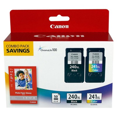 Canon 240XL Black, 241XL Color Combo 2pk Ink Cartridges with Photo Paper - Black, Tri-color (5206B005)