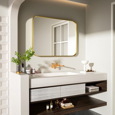 Tempered Glass Rounded Rectangle Framed Wall-Mounted Bathroom Vanity Mirror