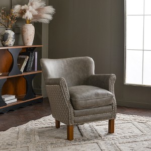 KINWELL Compact Leather Armchair, Top-Grain Genuine Leather Upholstered Chair for Small Spaces - 1 of 4