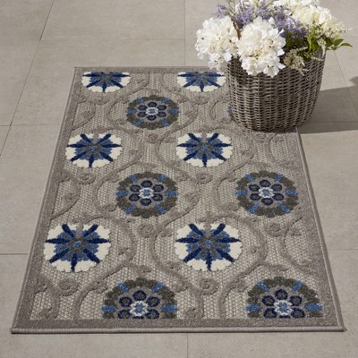 Aloha Floral Bloom Grey/Blue Synthetic 2'8" x 4' Indoor/Outdoor Rug