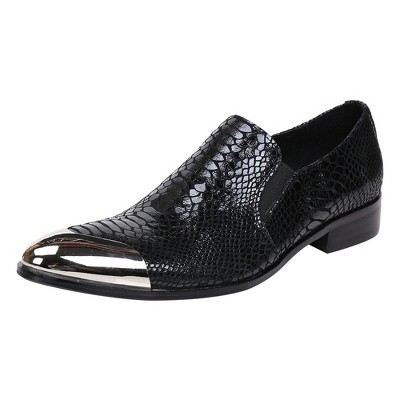 Santimon Men’s Snake Print Slip-On Dress Shoes with Silver Toe Cap Black