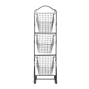 Gourmet Basics by Mikasa Rio 3-Tier Metal Floor Standing Fruit Storage Basket with Removable Wheels, 49 inch, Black