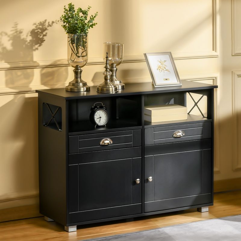 HOMCOM Sideboard Buffet Table Storage Cabinet with Large Tabletop, 2 Cabinets, 2 Drawers and Crossbar Side Design, 3 of 7