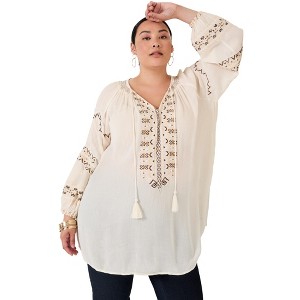 June + Vie by Roaman's Women's Plus Size Embroidered Peasant Blouse - 1 of 4