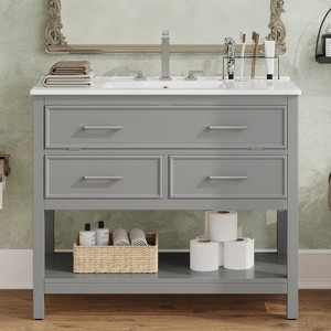 Christopher Knight Home Lowell Contemporary 36" Bathroom Vanity with Ceramic Sink, Tip-Out Tray, 2 Drawers and Open Shelf - 1 of 4