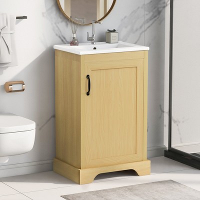 ALEXOUN 20-inch Free Standing Solid Wood Bathroom Vanity Set with Ceramic Sink,with One Door, Storage Rack and Adjustable Shelf,for Bathroom,(Wood)