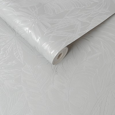 Ginkgo Metallic Silver and Grey Botanical Wallpaper Sample