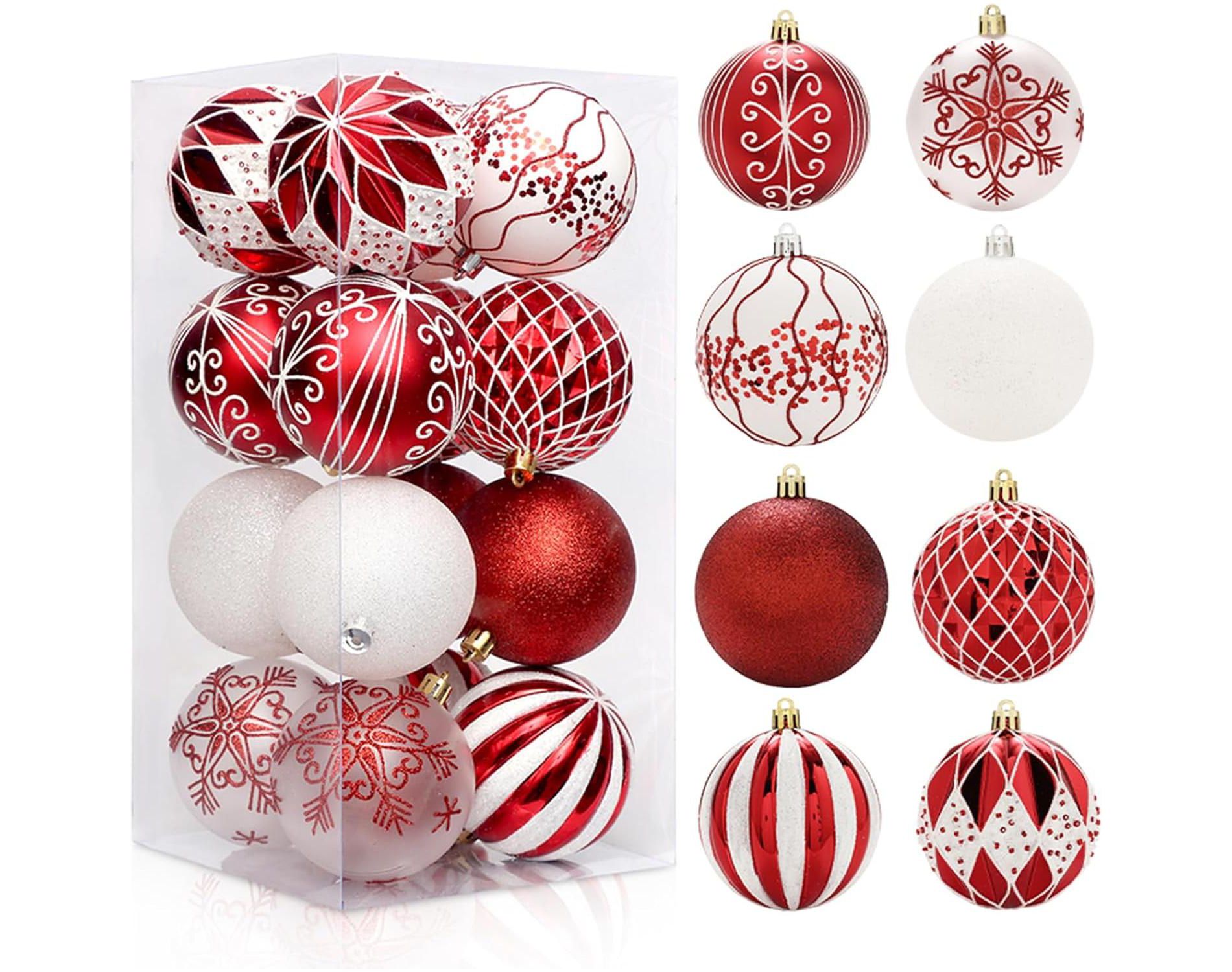16ct Christmas Balls Ornaments Decor Set, Shatterproof Xmas Balls Hanging Tree Ornaments for Christmas Tree Wreath Garland, Red White, 3.15in/8cm