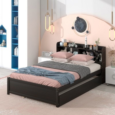 Twin/Full Bed With Trundle, Twin/Full Platform Bed Frame With Headboard Bookcase And Storage Shelves For Bedroom, No Box Spring Needed