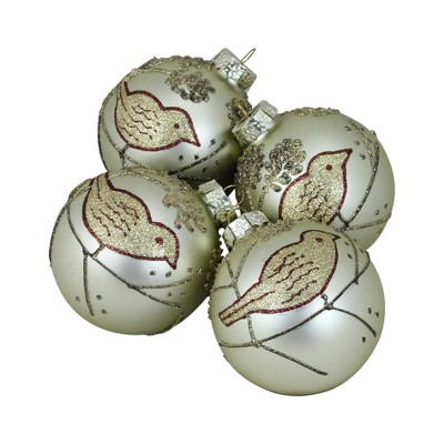 Northlight 4ct Champagne Gold and Brown Bird 2-Finish Glass Christmas Ball Ornaments 4" (100mm)