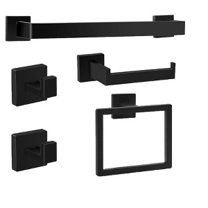 Itopfox Matte Black Bathroom Hardware Set, 5-Piece Stainless Steel Towel Rack with Bar, Ring, Hooks & Toilet Paper Holder for Wall Mounted Bathroom - 1 of 4