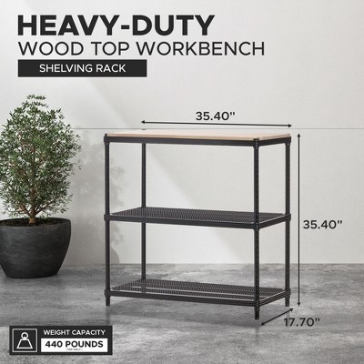 Black Steel Mesh 3-Tier Adjustable Shelving Unit with Wood Top