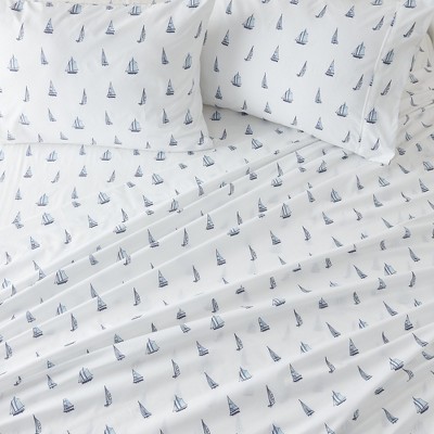King White Coastal Sailboat Print Microfiber Sheet Set
