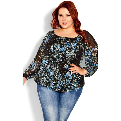 City Chic  Women's Plus Size Blue Ditsy Top - Black - 24w : Target