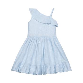 Hope & Henry Girls' Linen One Shoulder Flounce Dress with Ruffle Hem, Kids