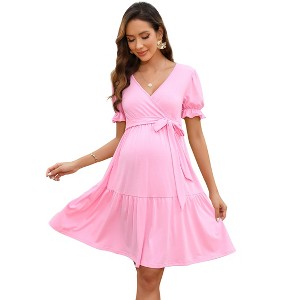Women's Maternity Wrap Dress V Neck Puff Sleeve Tie Waist Pregnancy Comfortable Stretchy Summer - 1 of 4
