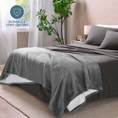 Full Gray Reversible Sherpa Fleece Blanket